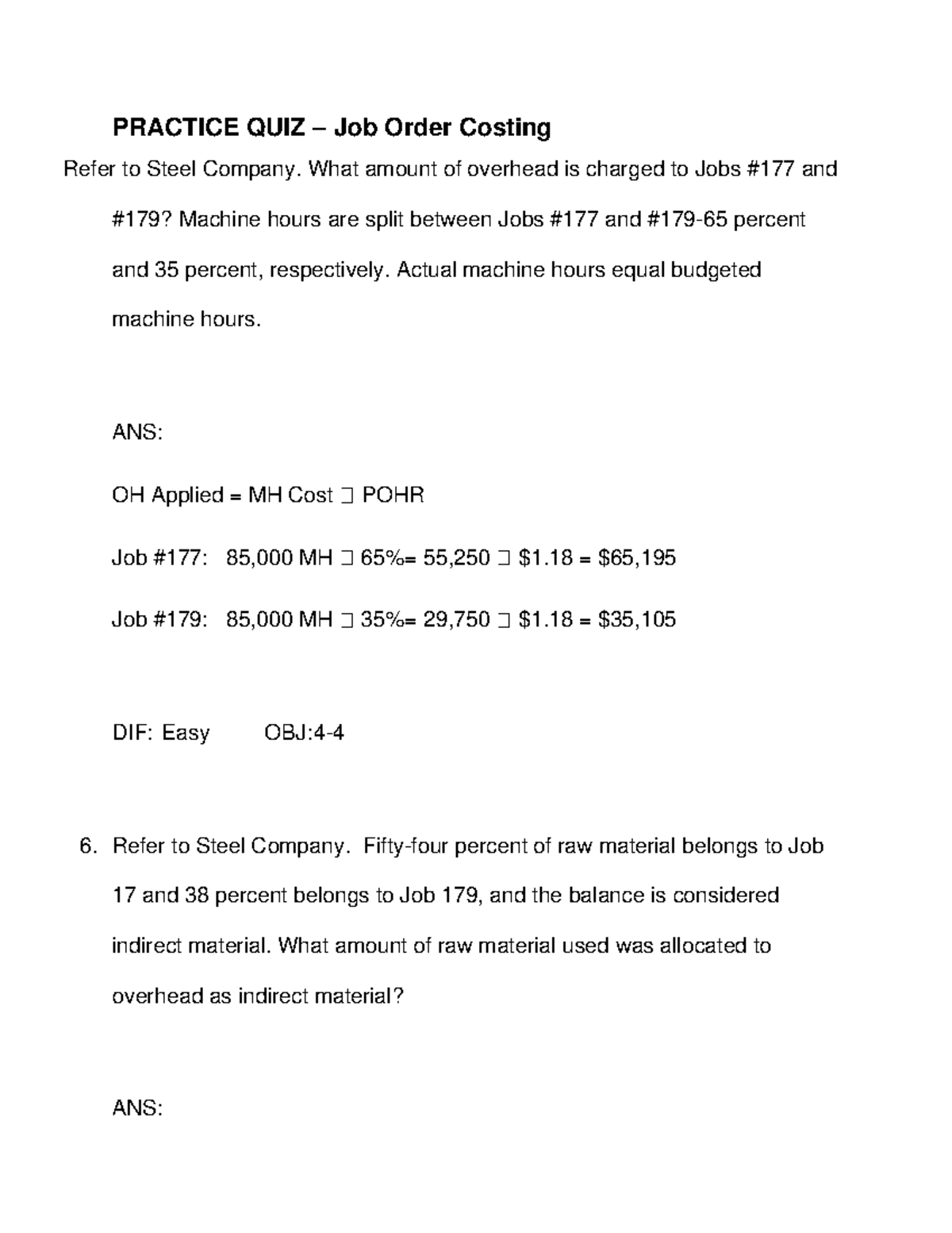 23 Practice QUIZ – Job Order Costing - PRACTICE QUIZ – Job Order ...