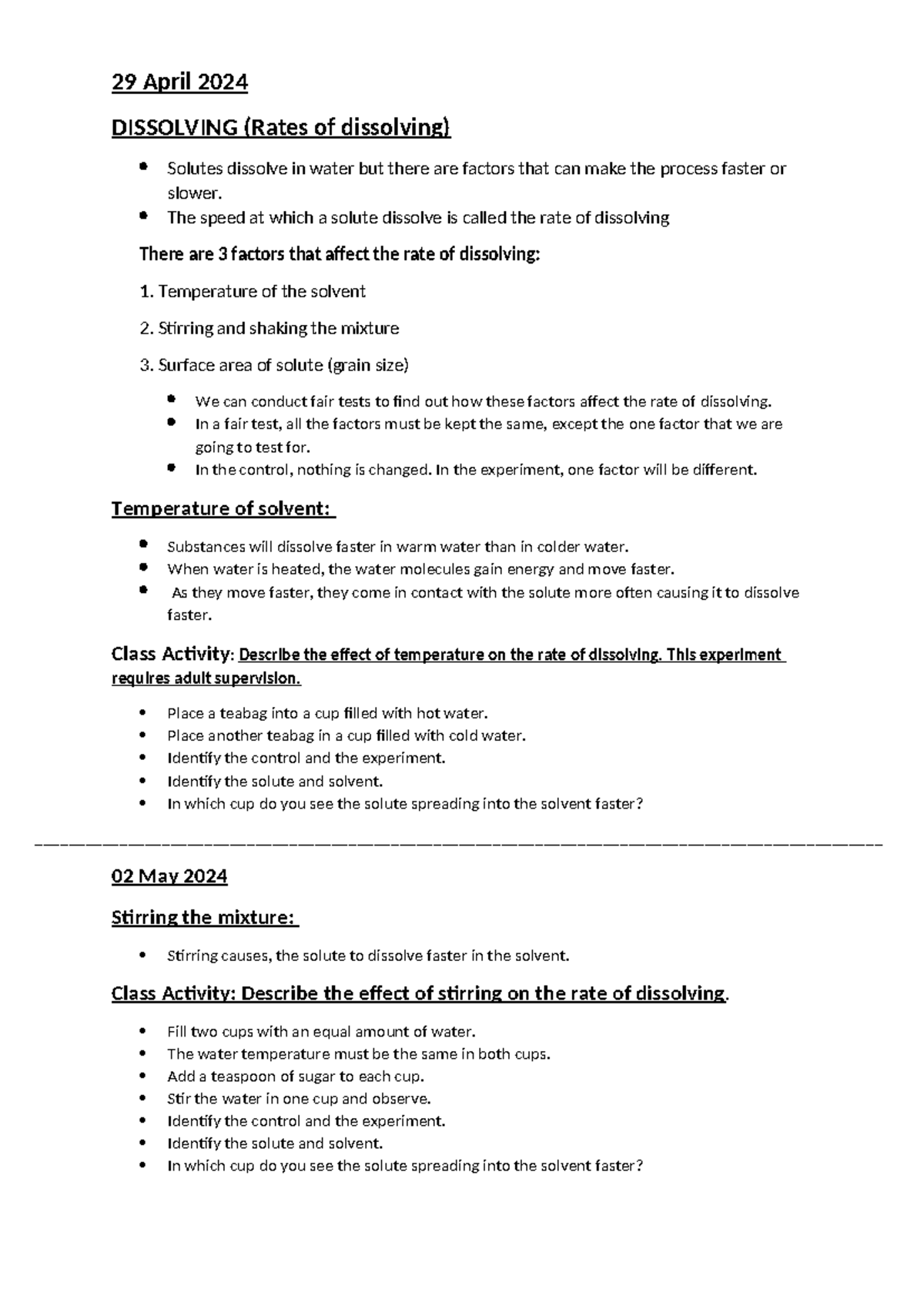 Dissolving (Rate of dissolving) - 29 April 2024 DISSOLVING (Rates of ...