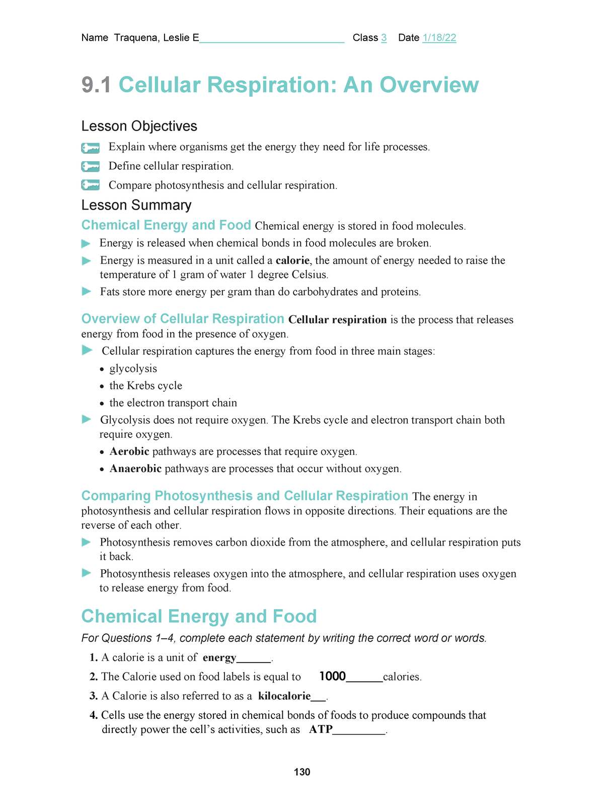 Cell Respiration Overview - Name Traquena, Leslie E Class 3 Date 1/18 ...