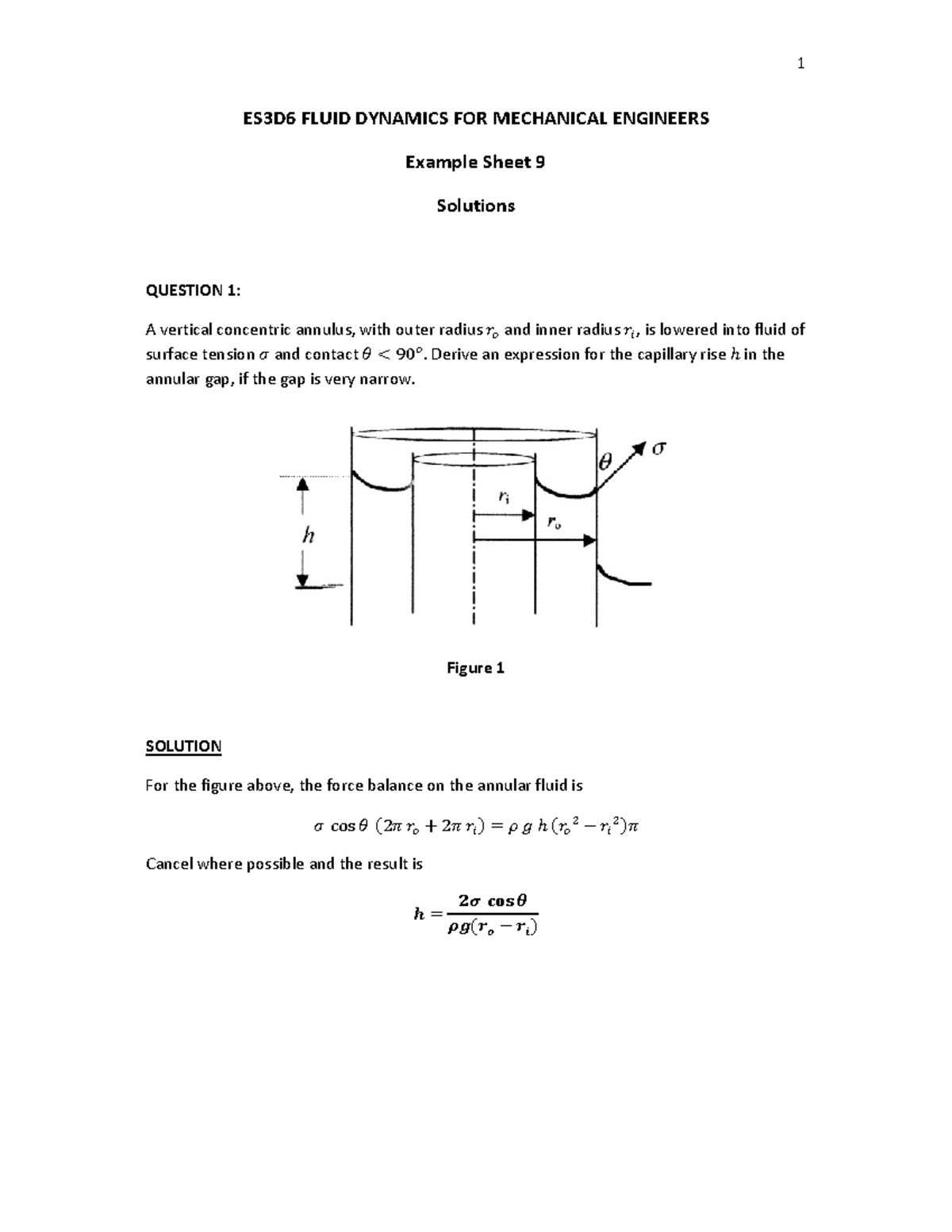 Fluid Mechanics Solutions Sheet 9 - ES3D6 FLUID DYNAMICS FOR MECHANICAL ...