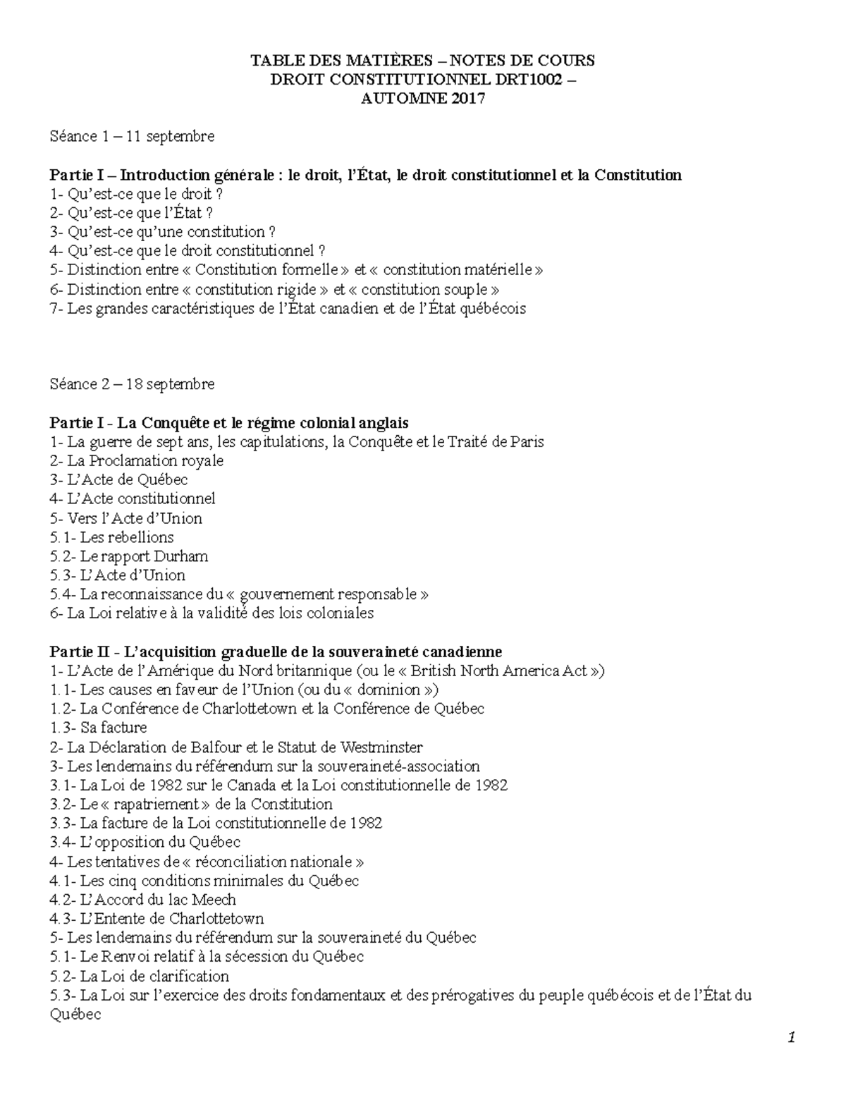 Notes Intra DRT1002 - TABLE DES NOTES DE COURS DROIT CONSTITUTIONNEL ...