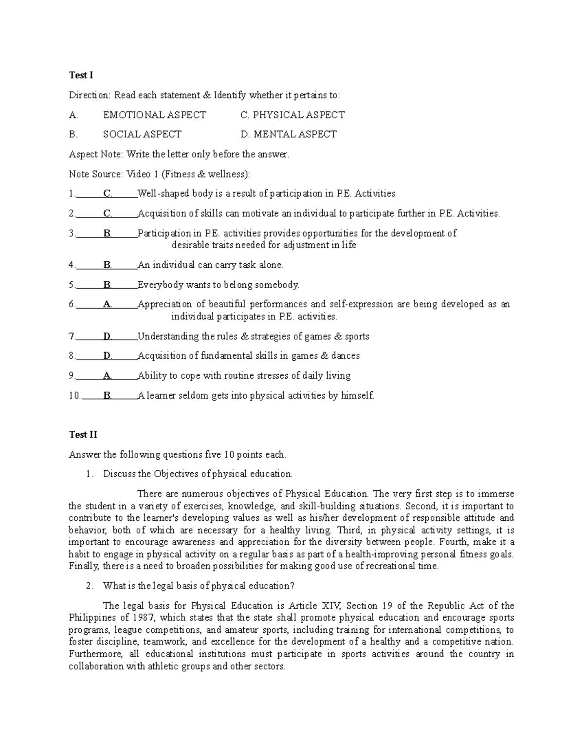 PE 1 Summative Test Reviewer - Test I Direction: Read each statement ...