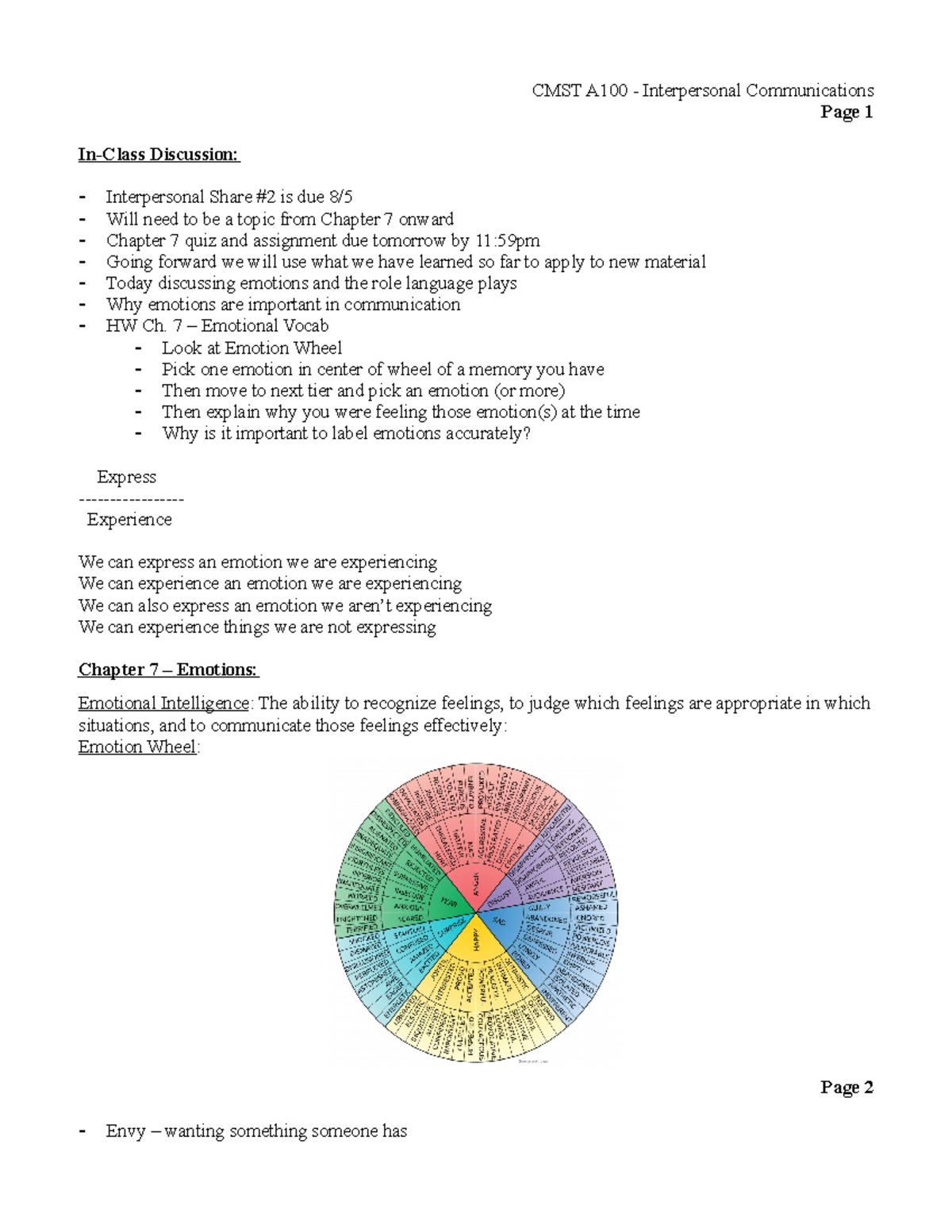 CMST A100 Notes 71921 CMST A100 Interpersonal Communications