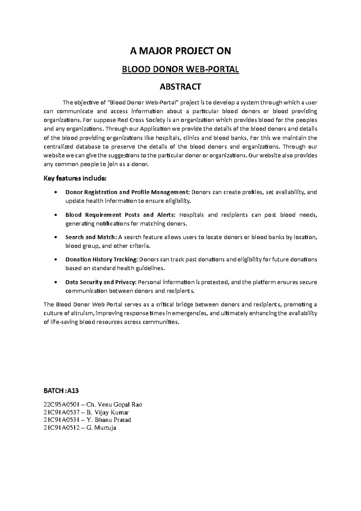 Major projrct abstarct 1 - A MAJOR PROJECT ON BLOOD DONOR WEB-PORTAL ...