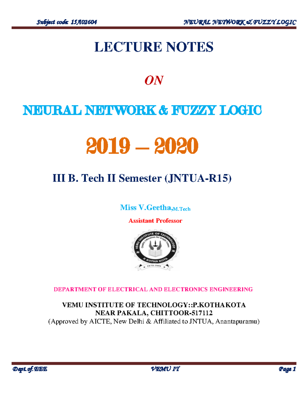 Nn - Dfrre - LECTURE NOTES ON NEURAL NETWORK & FUZZY LOGIC 2019 – 2020 ...