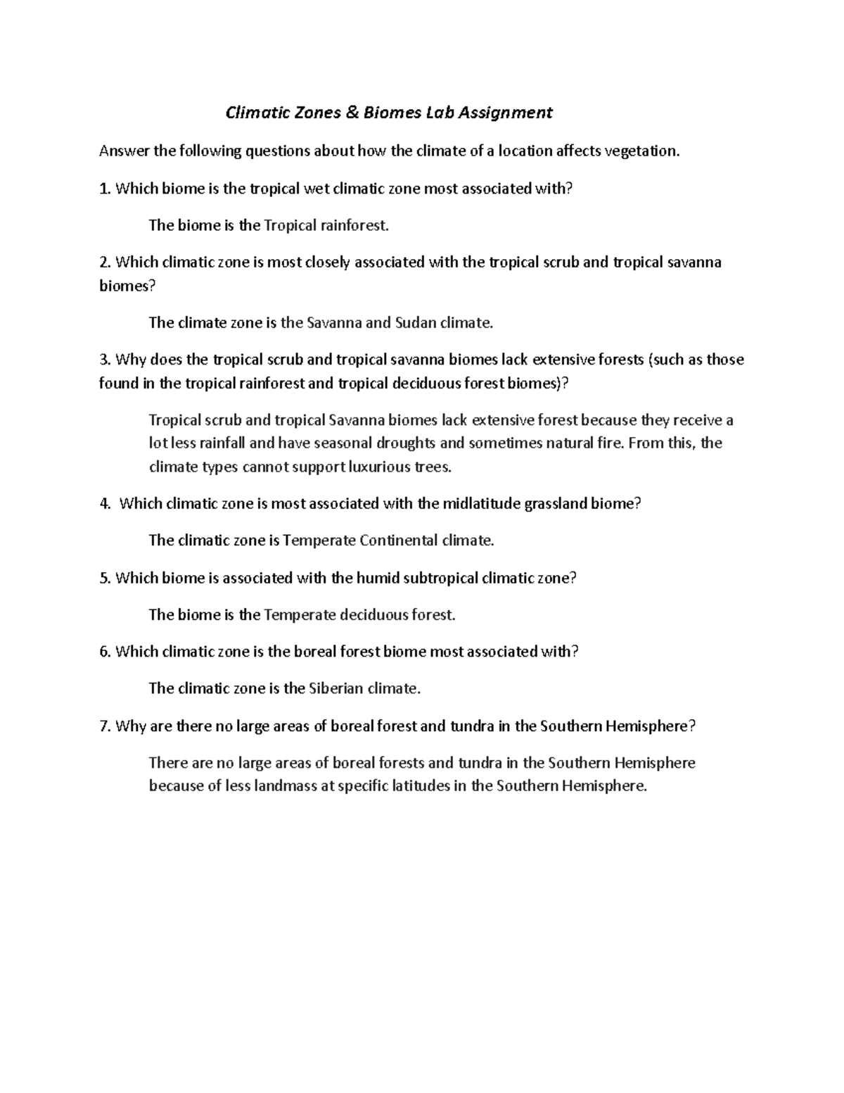 Biomes and Climatic Zones Lab Climatic Zones & Biomes Lab Assignment