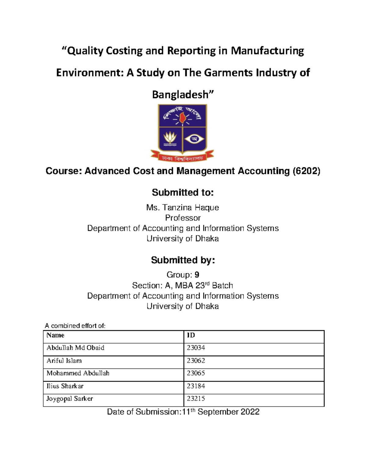 ACMA1 Assignment of Advanced cost accounting theory “Quality
