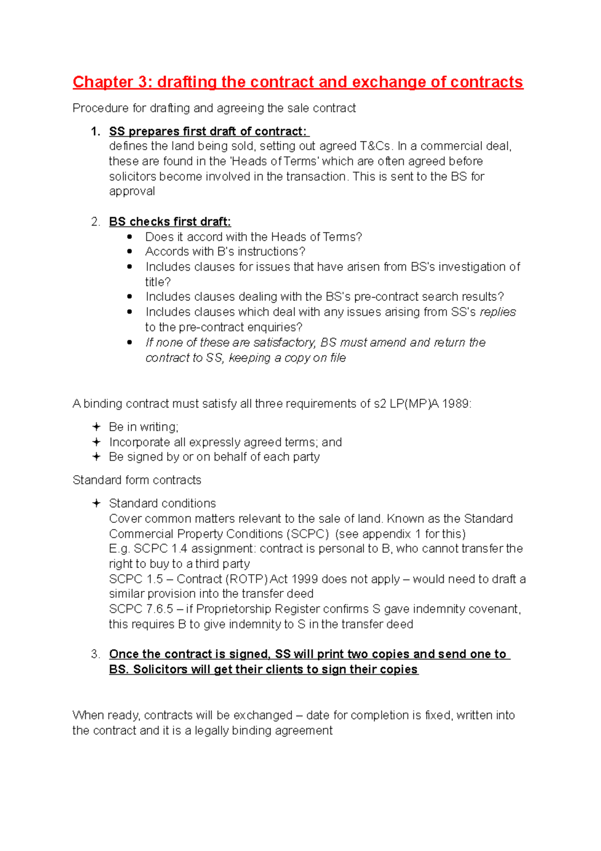 Notes on Chapter 3 - Chapter 3: drafting the contract and exchange of ...