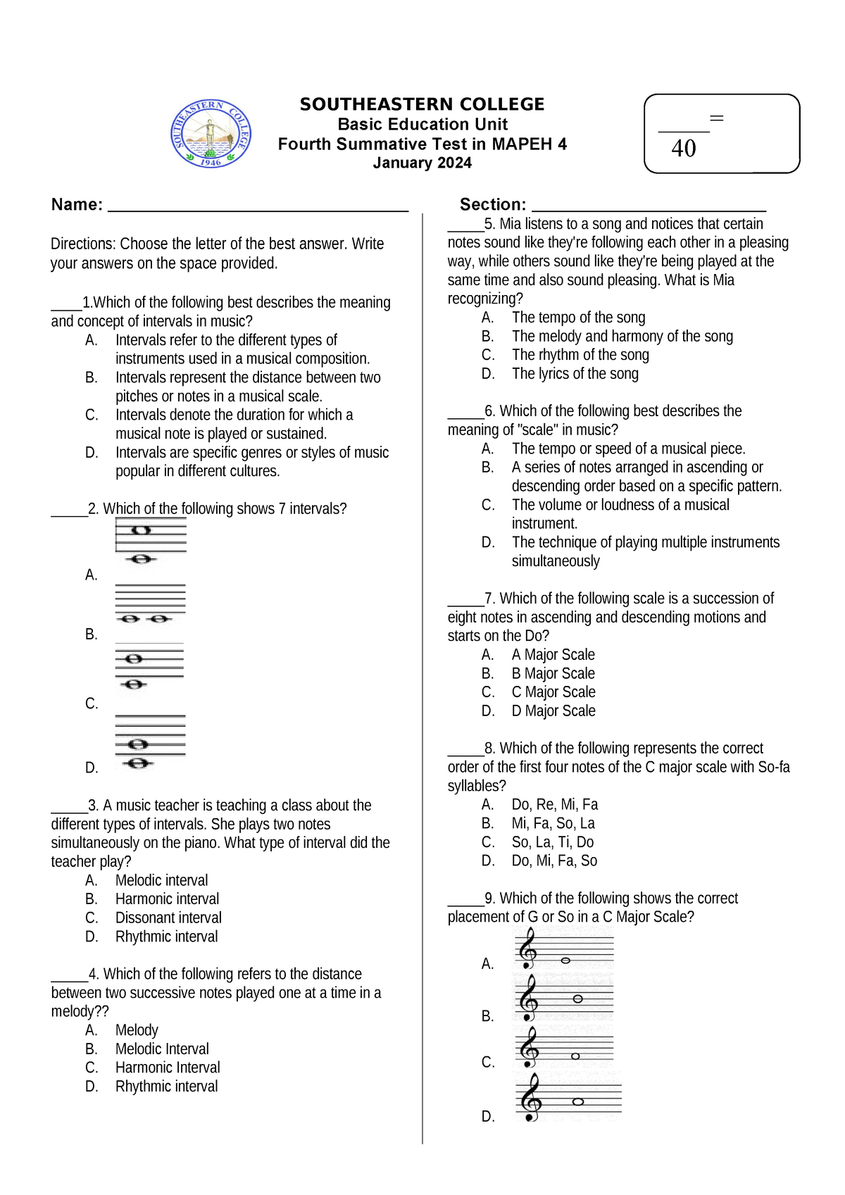 Q2 4TH Summative TEST SY2023-2024 Mapeh 4 KGM - SOUTHEASTERN COLLEGE ...