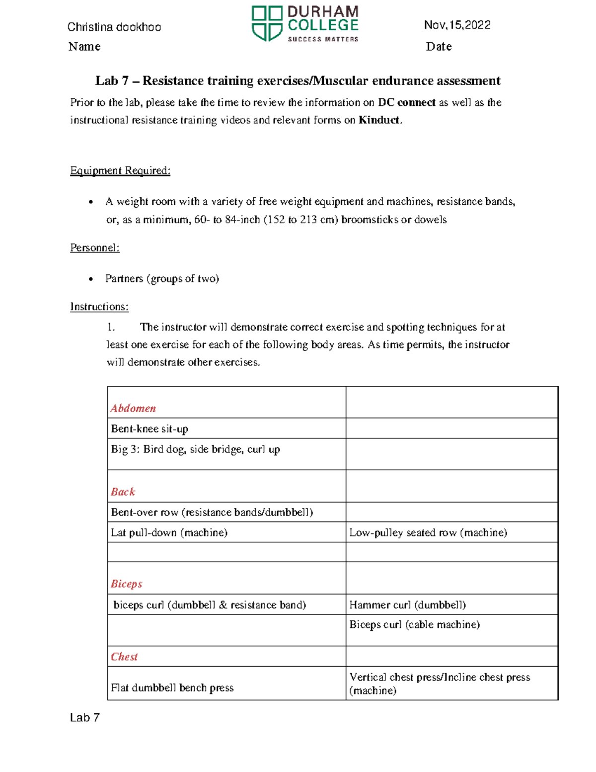Lab 7 - Resistance training exercises - in person - Lab 7 – Resistance ...