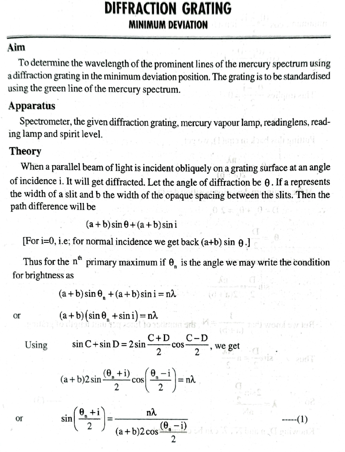Diffraction gratingminimum deviation General Physics Practical I