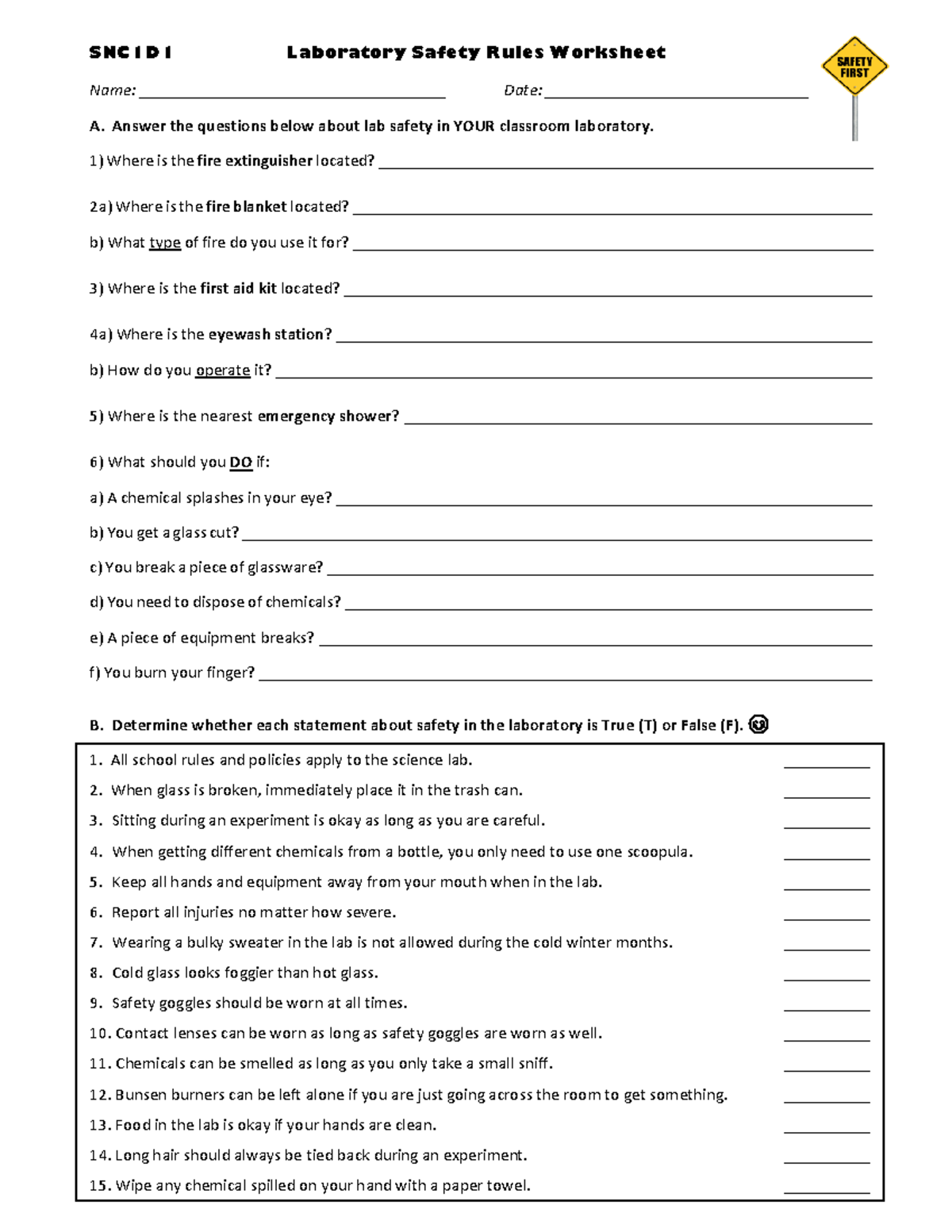 5. SNC1D1 Laboratory Safety Rules Worksheet - SNC1D1 Laboratory Safety ...