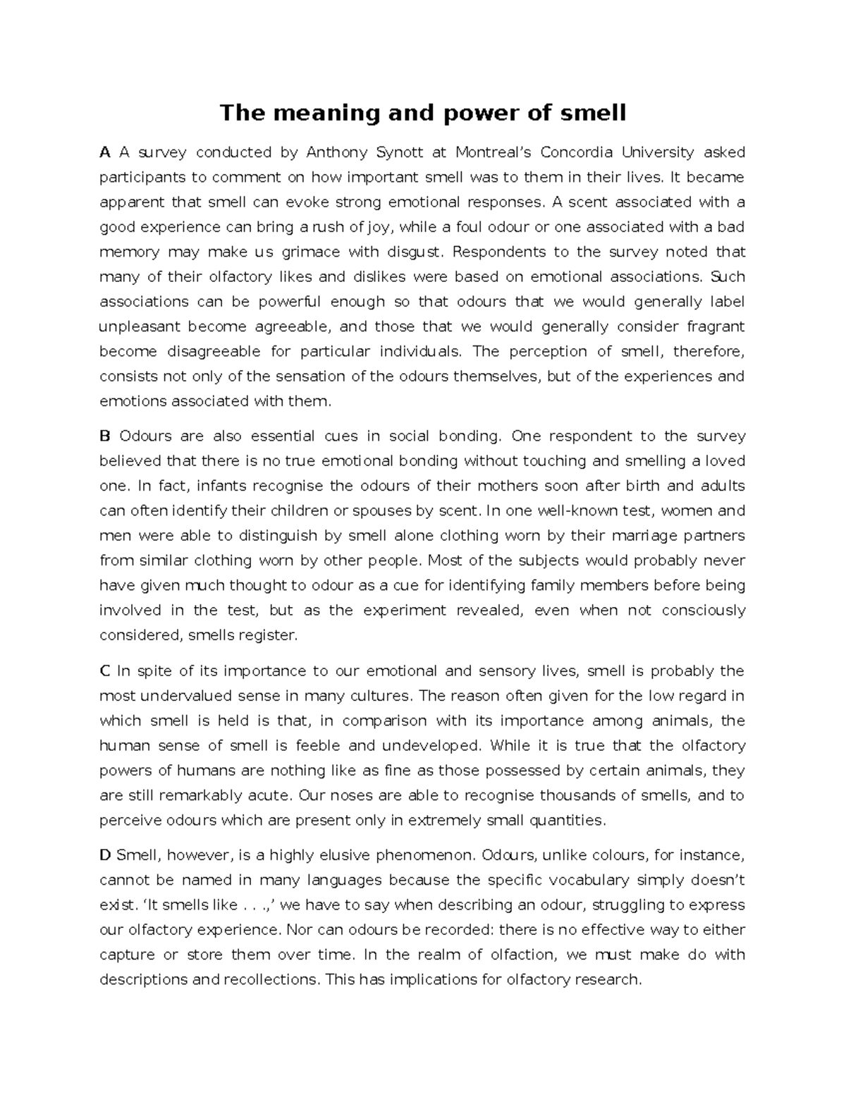 18. The Meaning and Power of Smell The meaning and power of smell A A