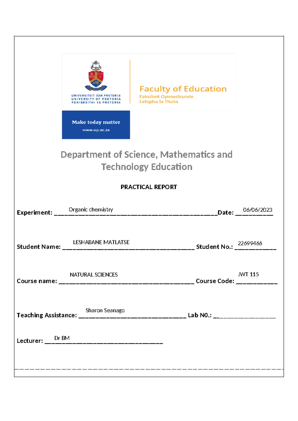 Practical Report Template 2 - PRACTICAL REPORT Experiment: - Studocu