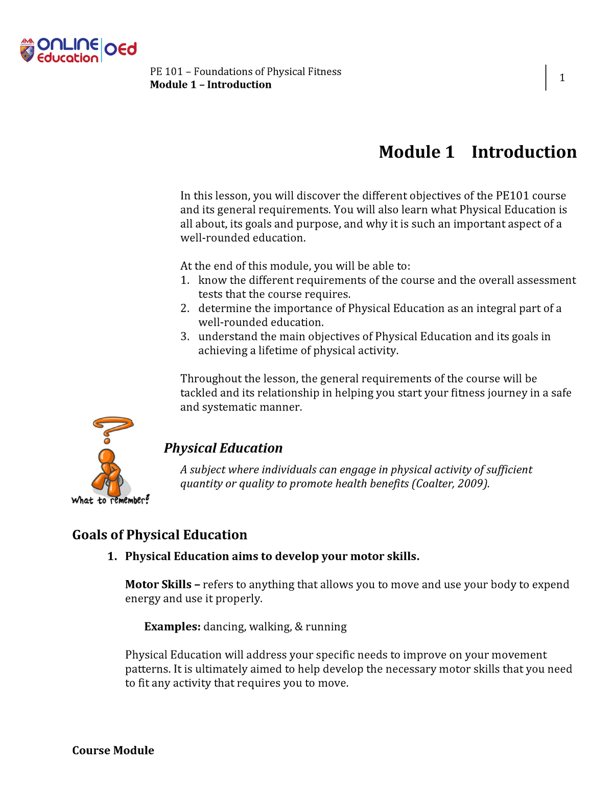 PFL1 Physical Education - Module 1 – Introduction 1 Module 1 ...