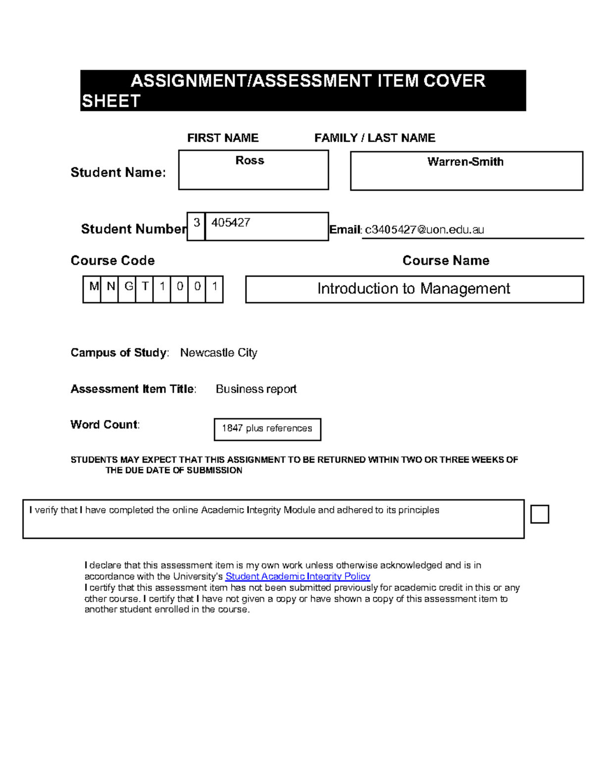 Business Report Mgmt1001 - ASSIGNMENT/ASSESSMENT ITEM COVER SHEET FIRST ...