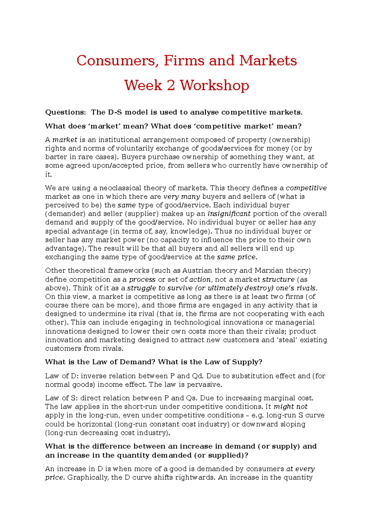 Week 2 - Lecture Notes Provided By Lecturer - Consumers, Firms And ...