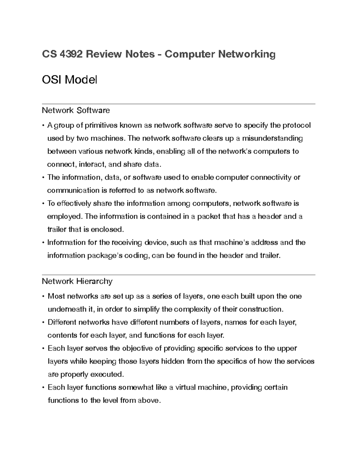 CS 4392 Notes - OSI Model - CS 4392 Review Notes - Computer Networking ...