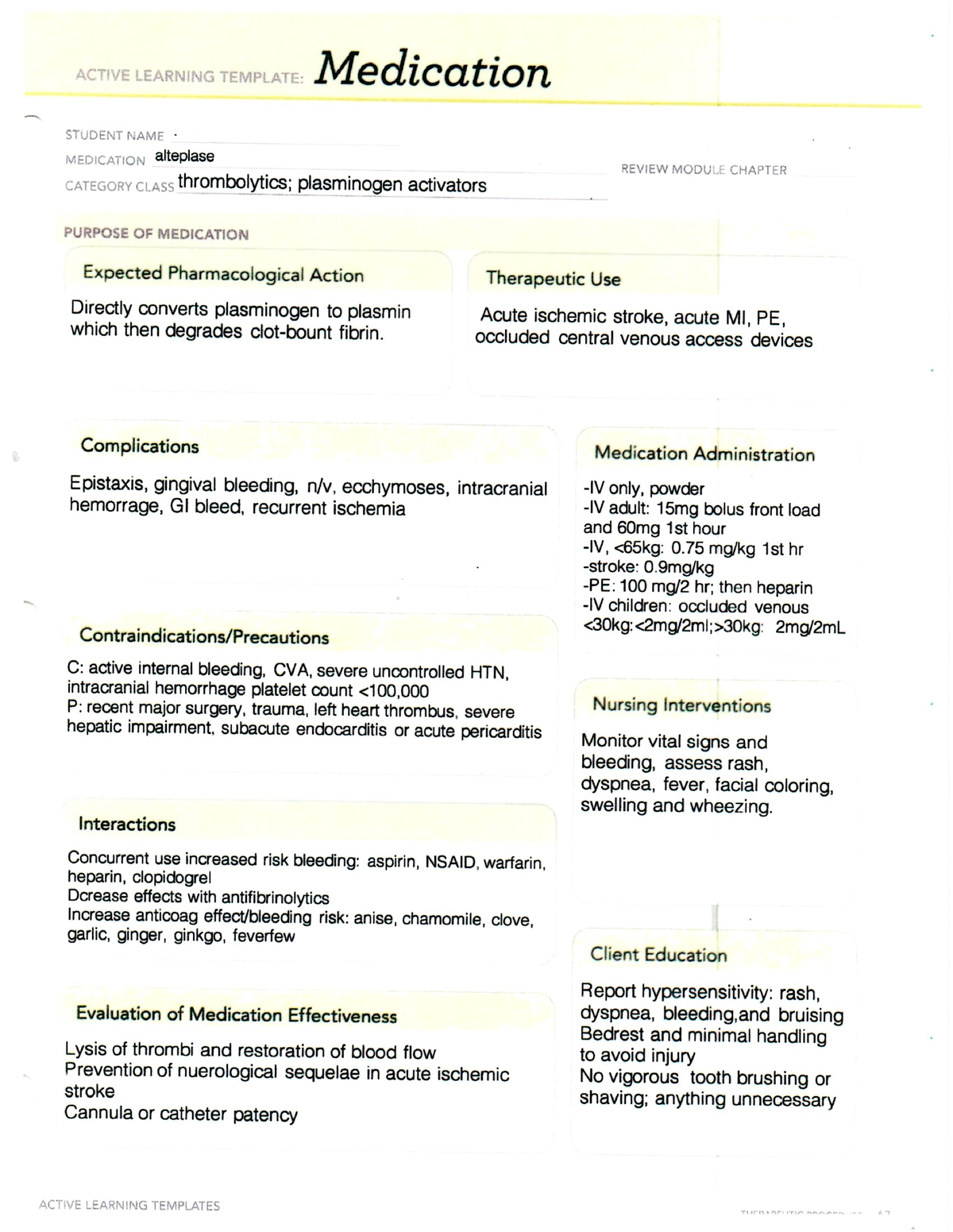 ATI Alteplase Medication Sheet PNSG 2240 Studocu