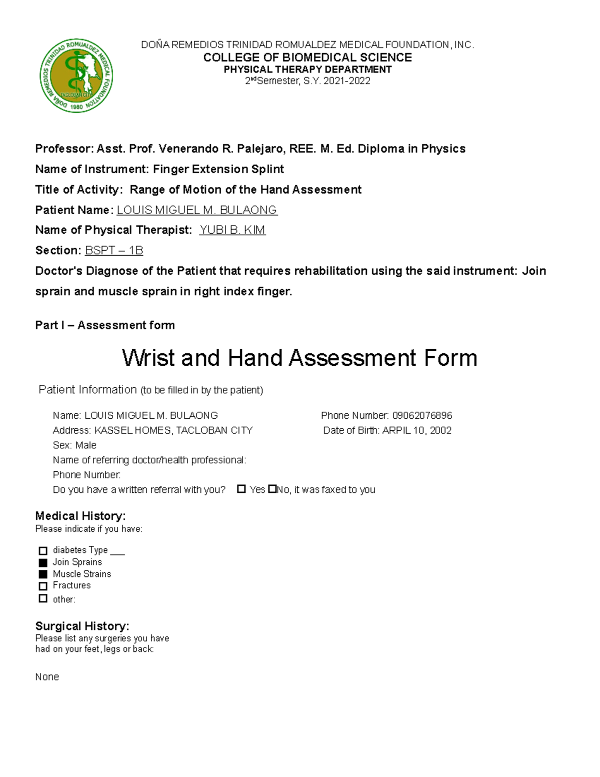 Assessment FORM 33 Finger Extensor - Professor: Asst. Prof. Venerando R ...