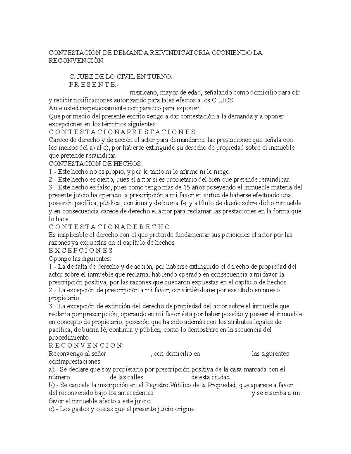 Contestación DE Demanda Reivindicatoria Oponiendo LA Reconven ...
