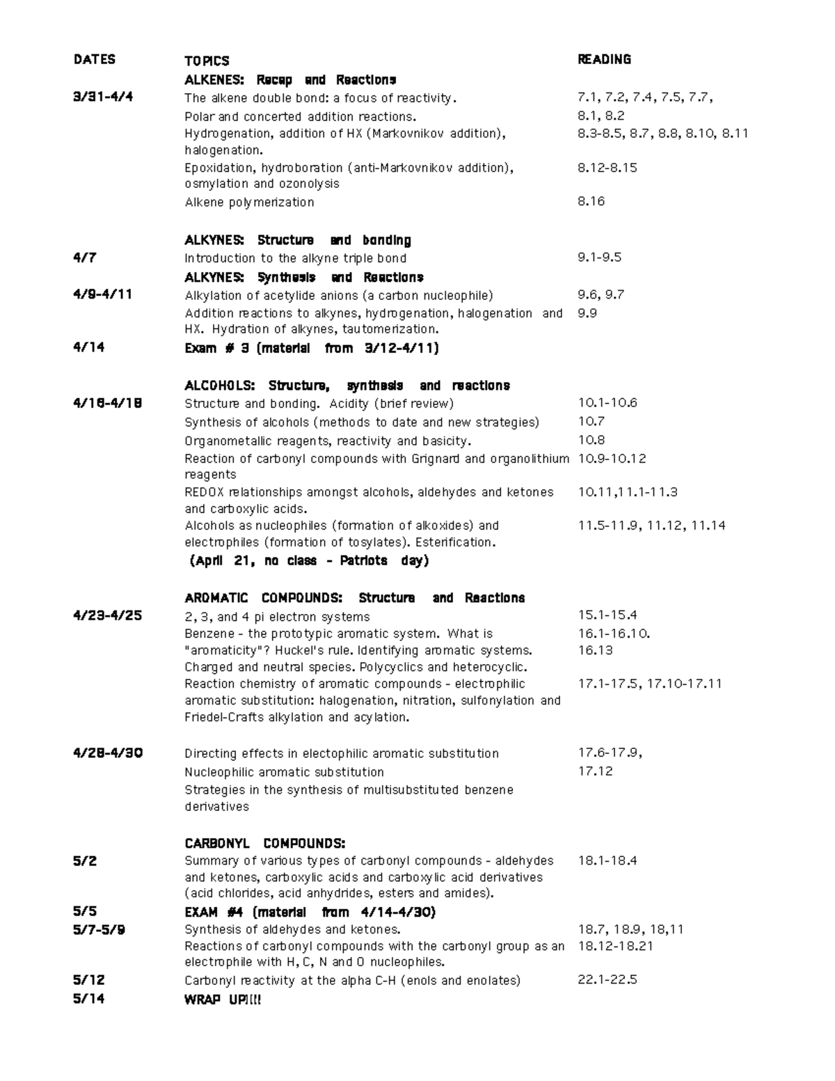 Outline of course content - DATES TOPICS READING ALKENES: Recap and ...