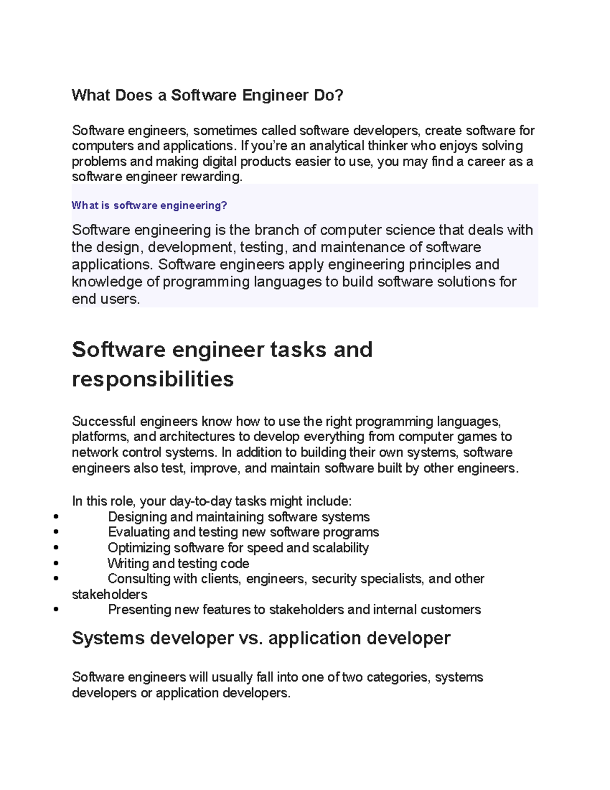 Assignment # 7 What Does a Software Engineer Do - What Does a Software ...