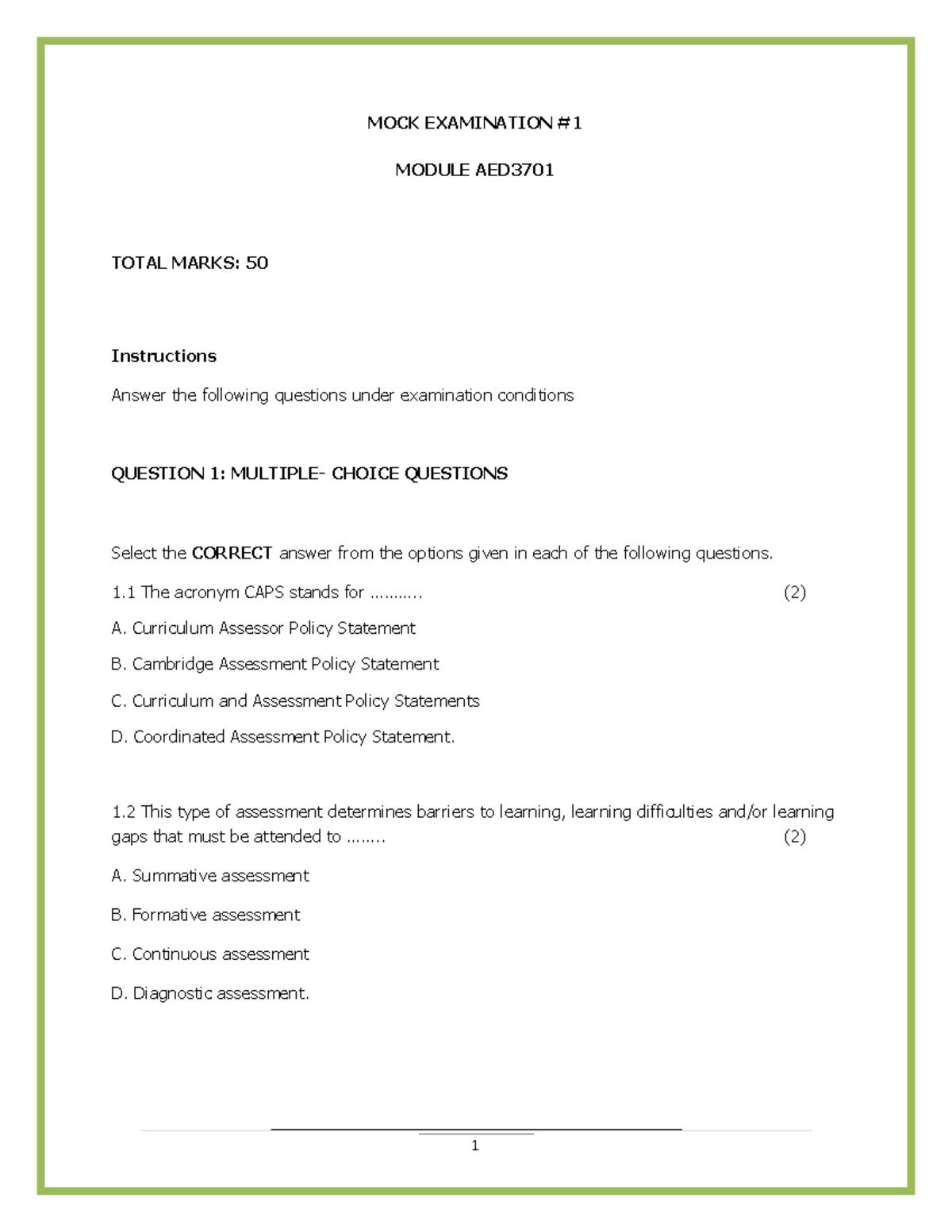 Mock Exam - preparation for exam - MOCK EXAMINATION MODULE AED TOTAL ...