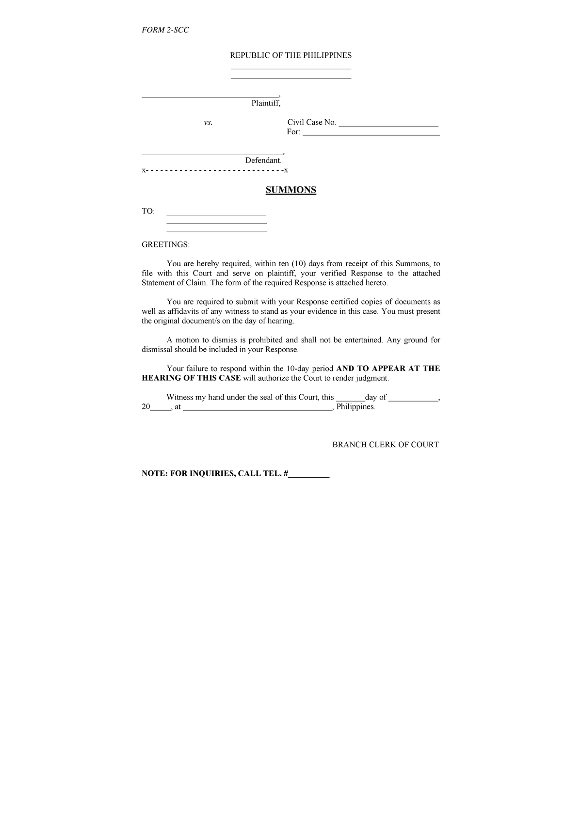 Summons of the municipal court - FORM 2-SCC REPUBLIC OF THE PHILIPPINES ...