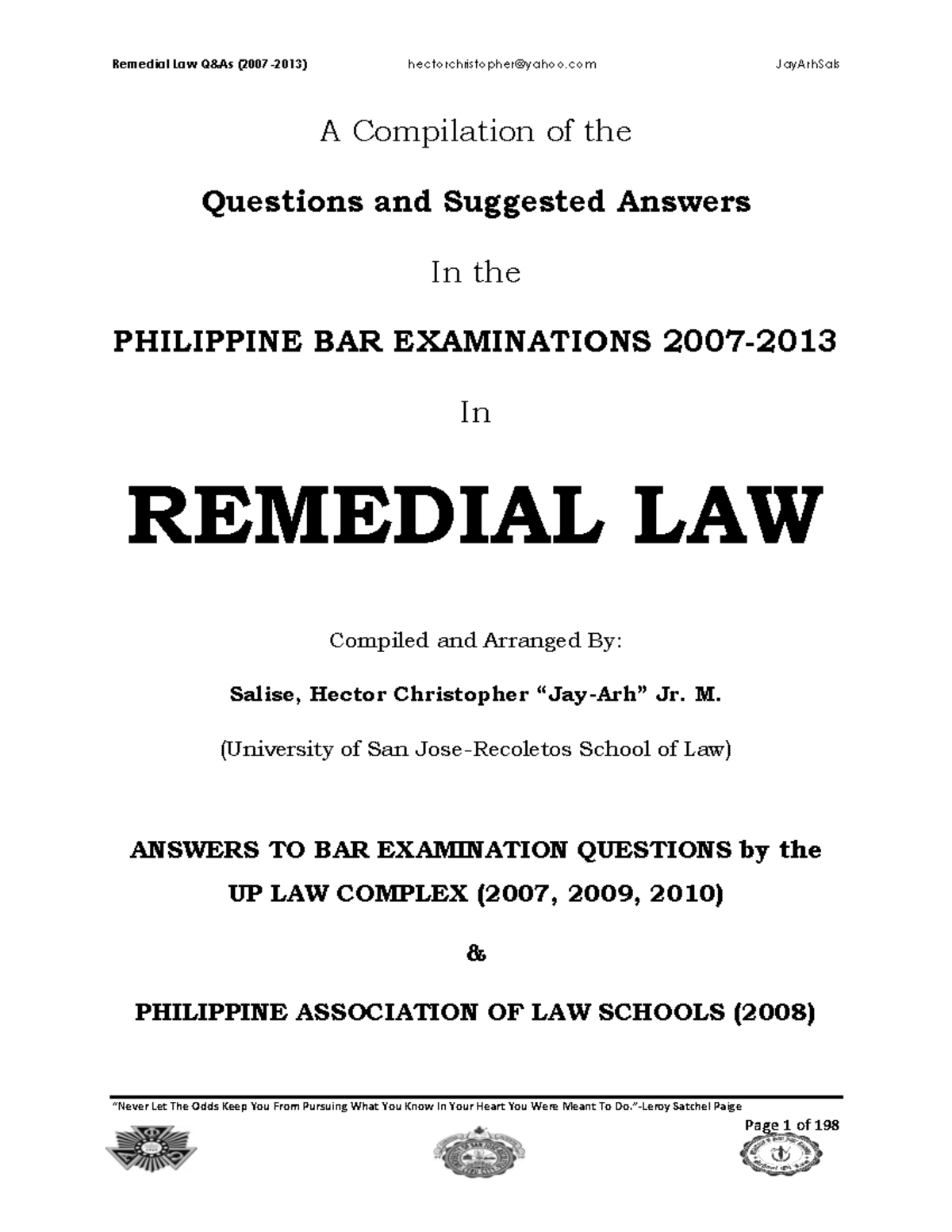 Remedial 2007 2013 Law Philippine Bar Examination Questions and Suggested Answers Jay Arh Sals