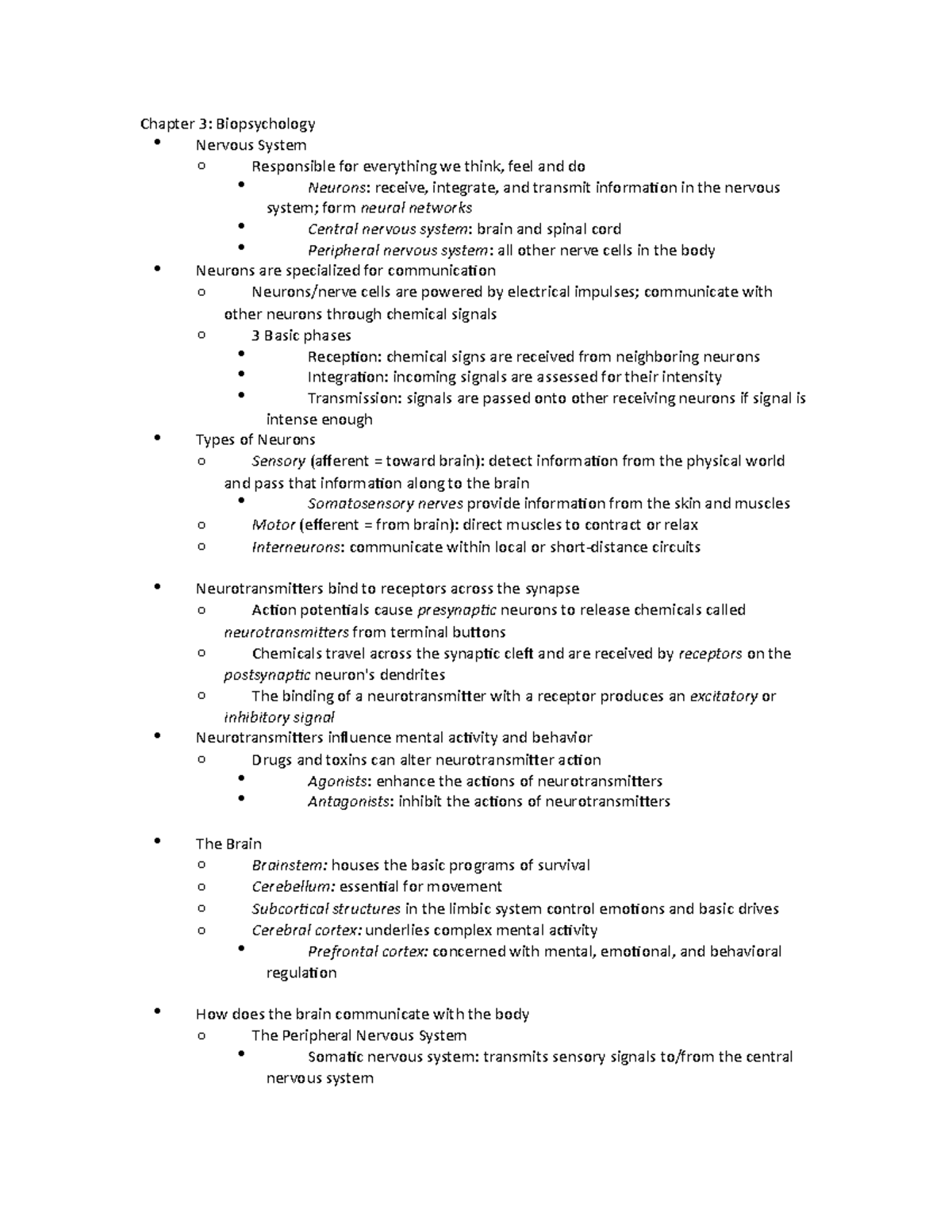 Chapter 3: Biopsychology - Chapter 3: Biopsychology Nervous System o ...