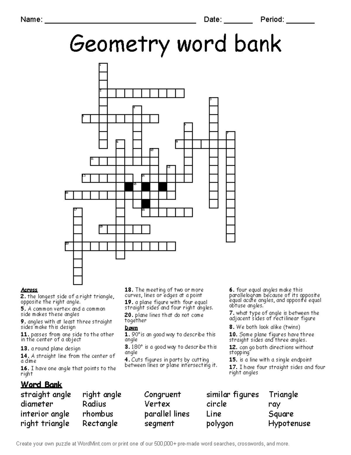 Geometry Word Bank - n/a - Create your own puzzle at WordMint or print ...