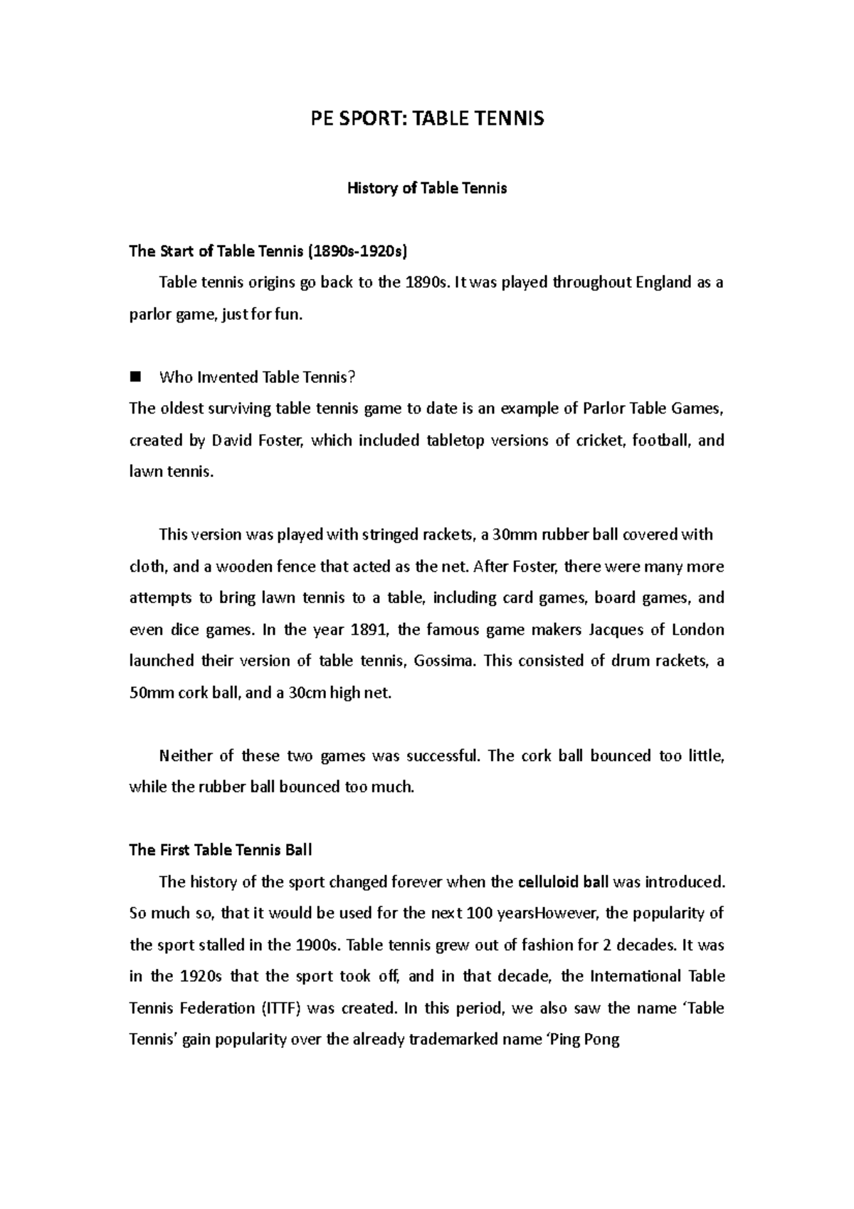 history of table tennis essay