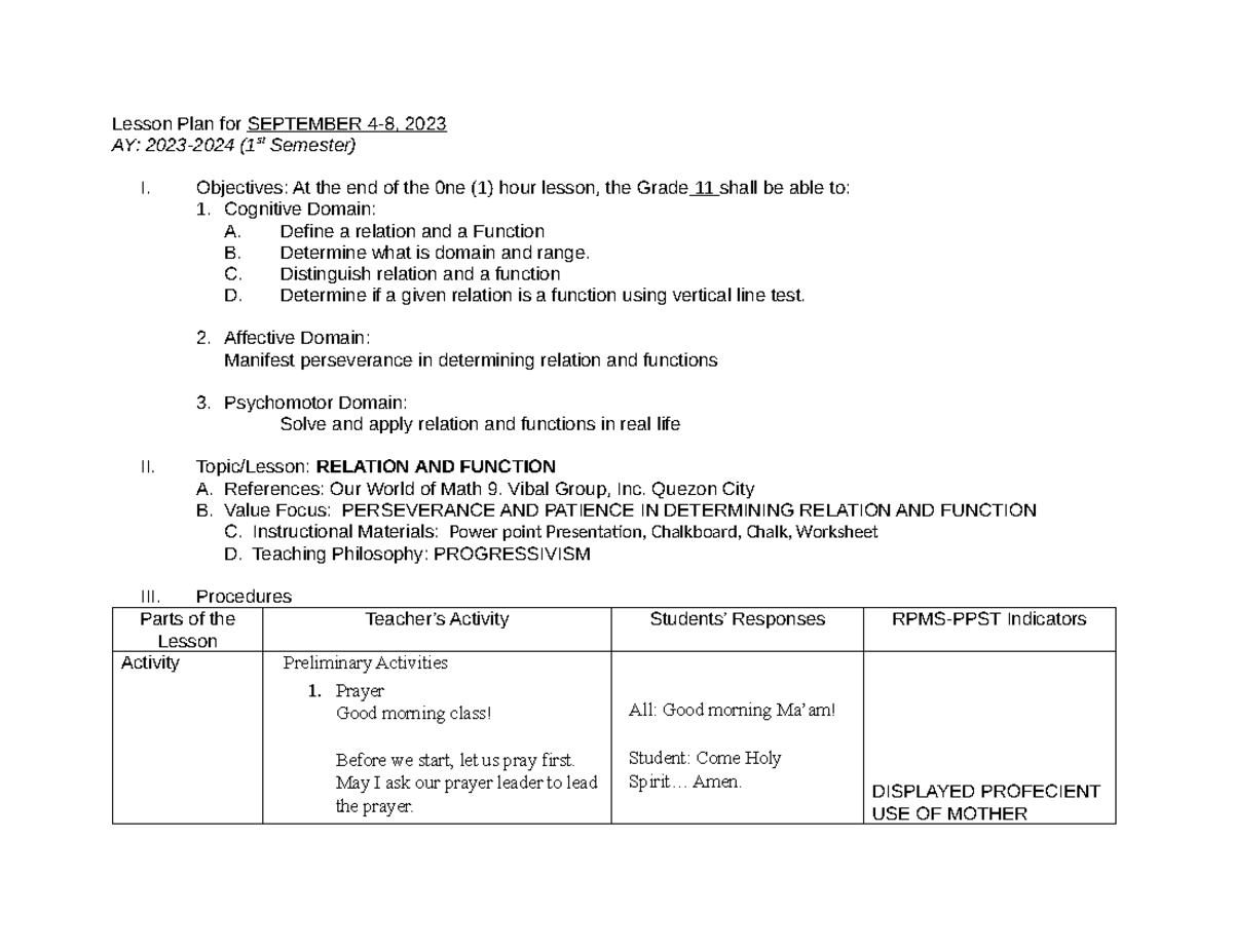 LP Relations AND Function - Lesson Plan for SEPTEMBER 4-8, 2023 AY ...