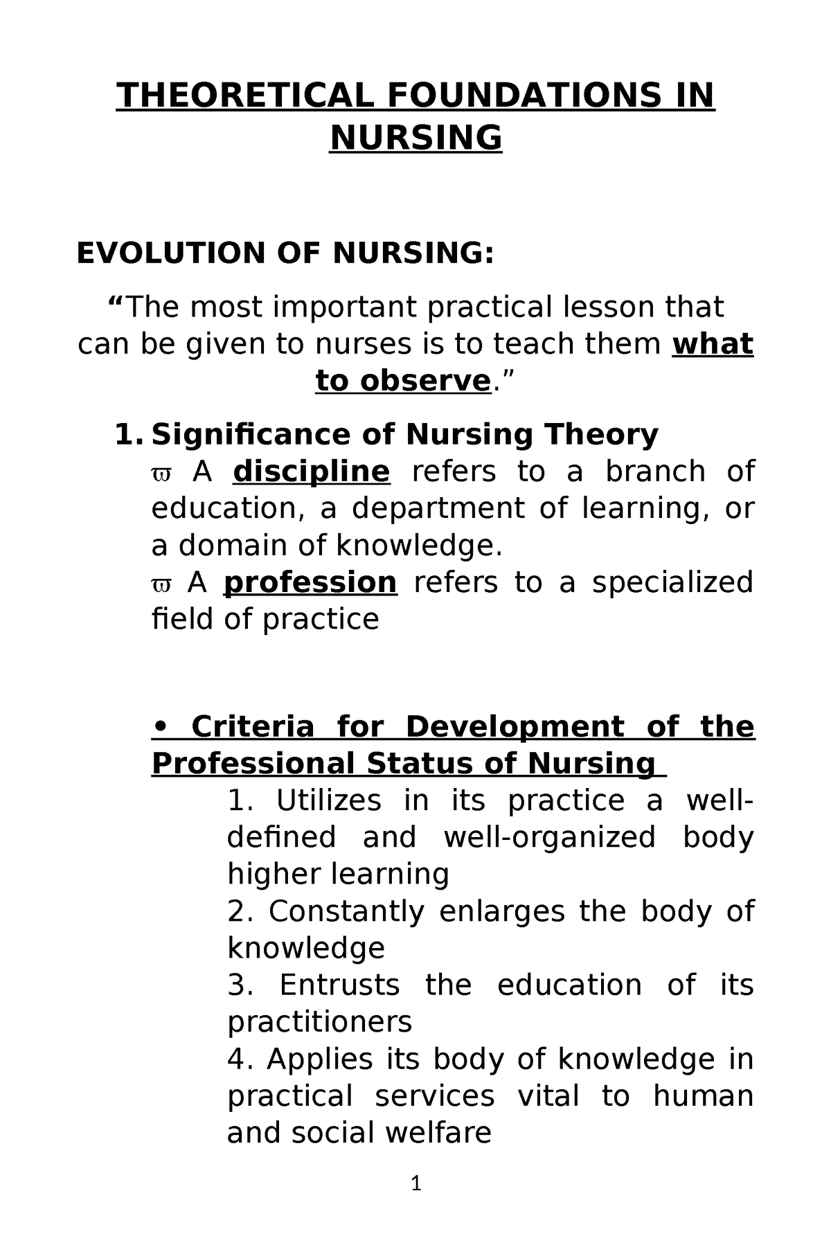 TFN- Notes - THEORETICAL FOUNDATIONS IN NURSING EVOLUTION OF NURSING ...