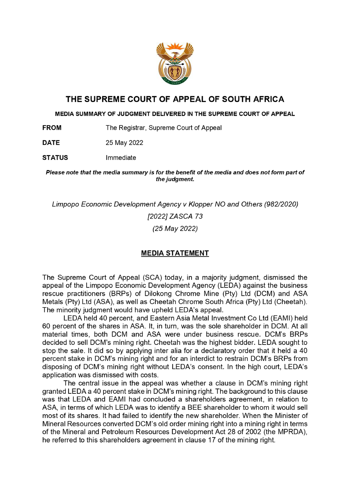 Summay-limpopo Economic Development Development Agency V Klopper No 