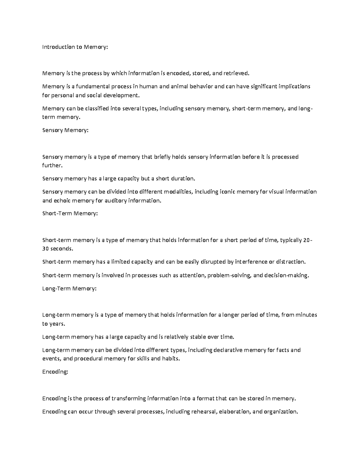 Psych - Introduction to Memory: Memory is the process by which ...