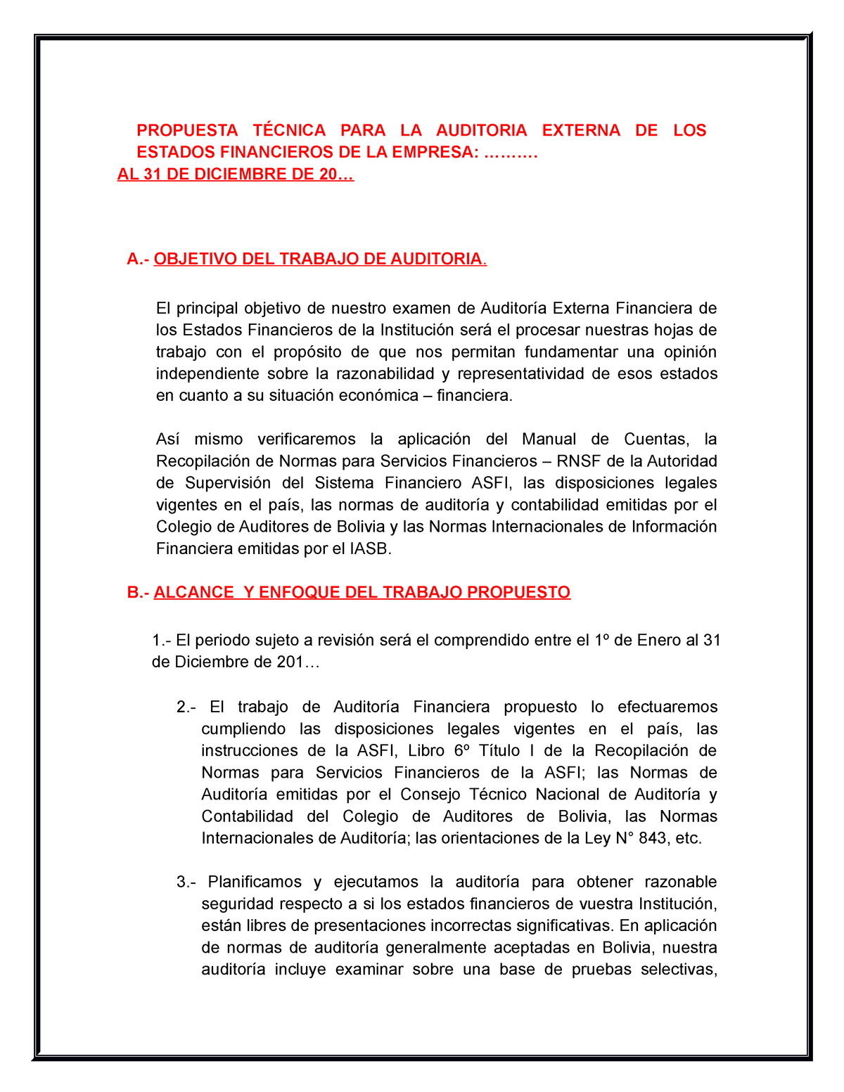 374969464 Propuesta Tecnica de Auditoria Externa - PROPUESTA TÉCNICA PARA  LA AUDITORIA EXTERNA DE - Studocu