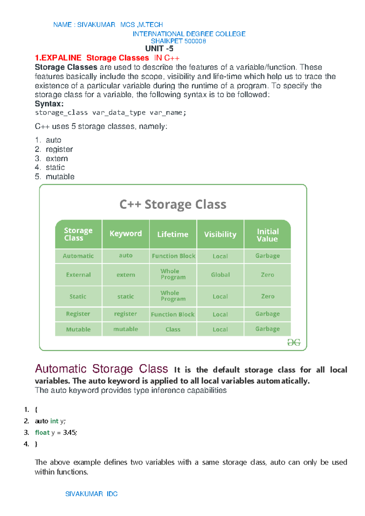 PROGRAMMING WITH C AND CPP - ####### UNIT - 5 ####### 1 Storage Classes ...