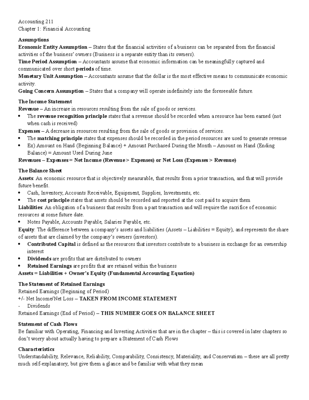 ACCT 211 Chapter 1 - Review Sheet - Accounting 211 Chapter 1: Financial ...