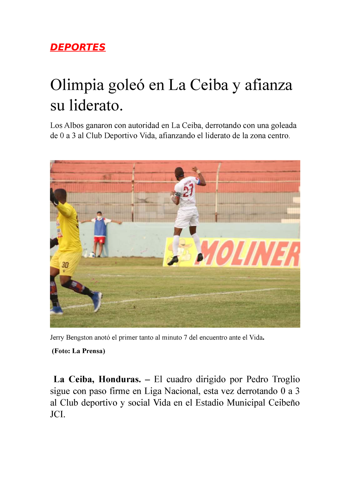 Copia de Sebastian Romero Noticia Deportiva - DEPORTES Olimpia goleó en La  Ceiba y afianza su - Studocu
