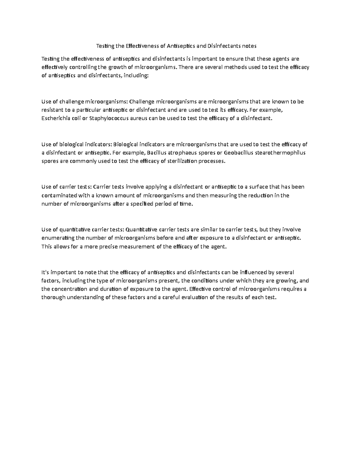 Testing the Effectiveness of Antiseptics and Disinfectants notes
