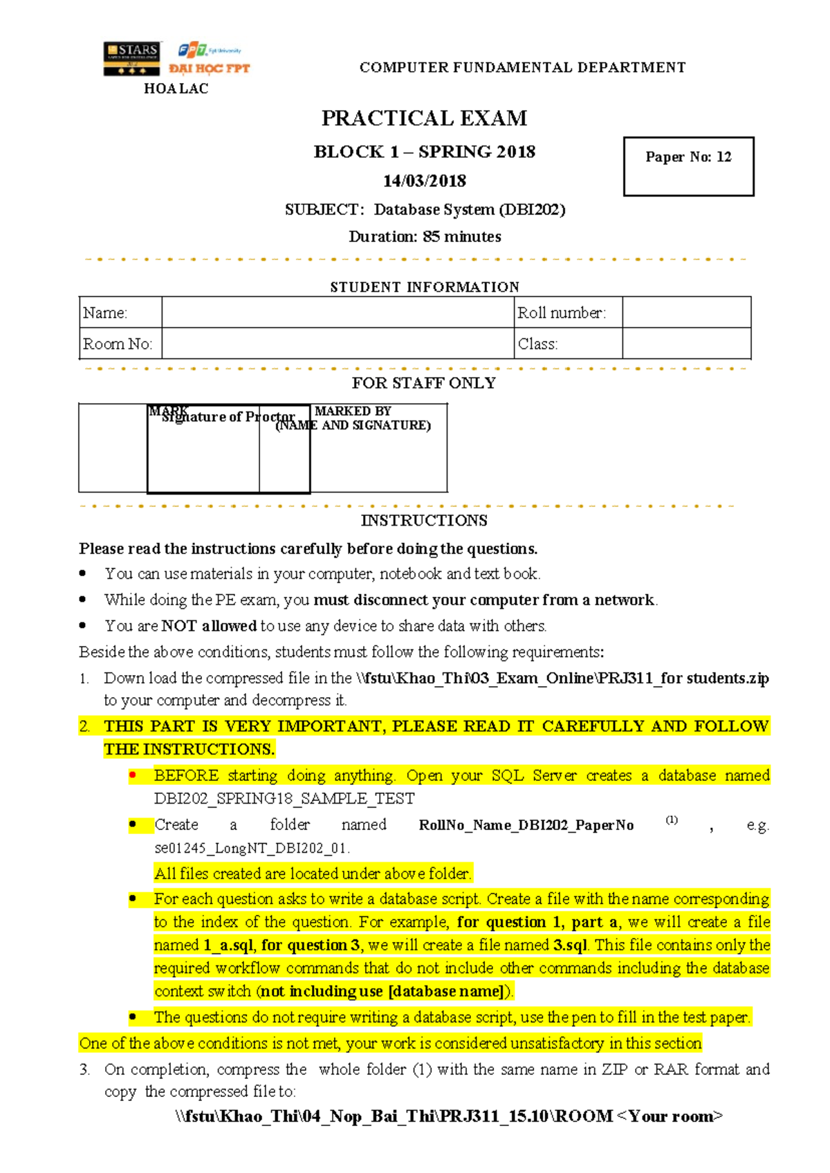 Sample Test - PRACTICAL EXAM BLOCK 1 – SPRING 2018 14 / 03 /201 8 ...