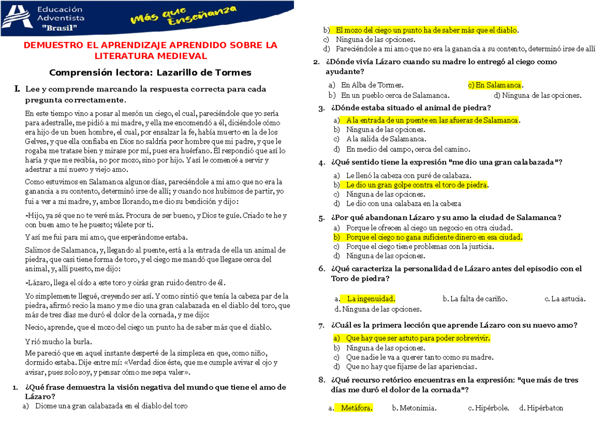Actividad LA OBRA EL Lazarillo DE Tormes - DEMUESTRO EL APRENDIZAJE ...