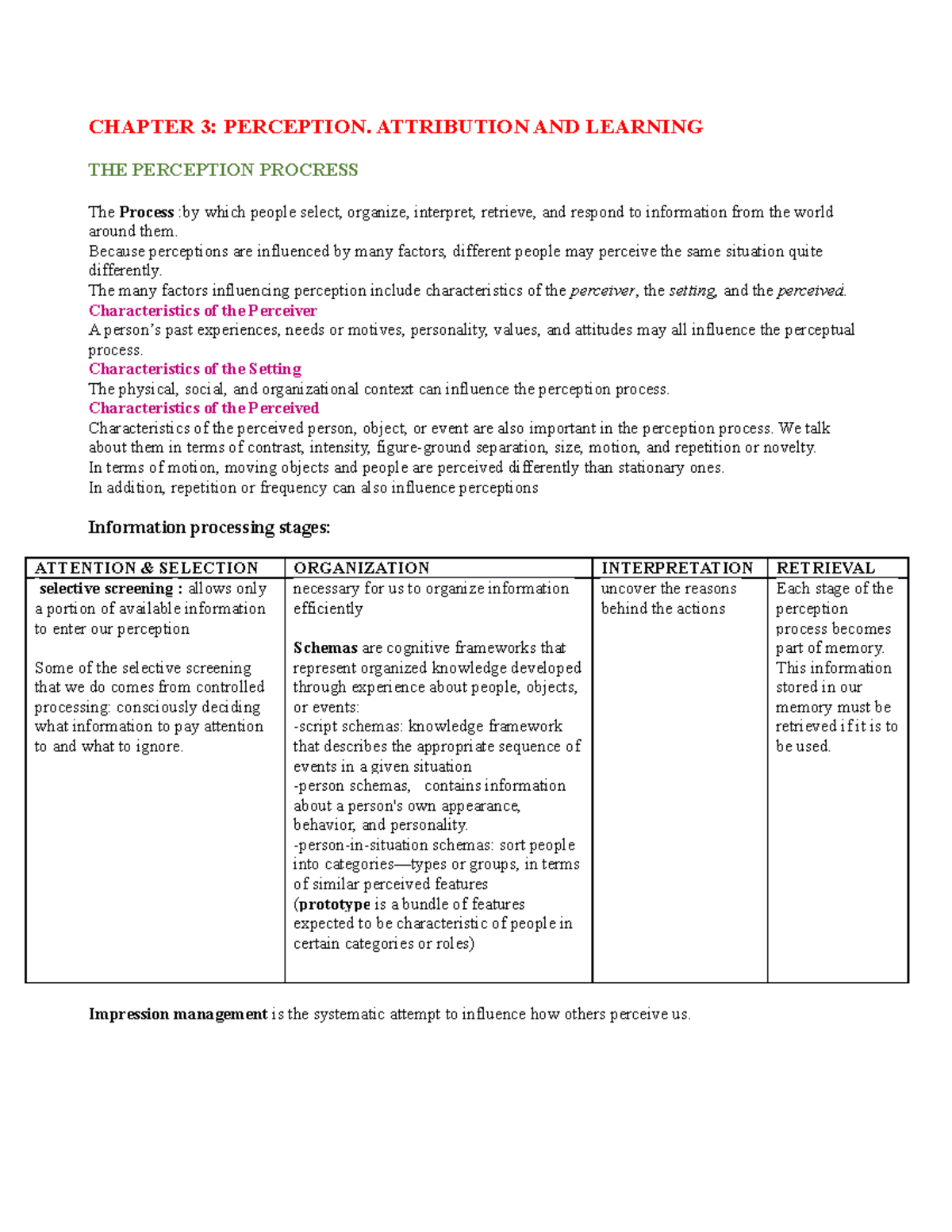 OB Chapter 3 - notes - CHAPTER 3: PERCEPTION. ATTRIBUTION AND LEARNING ...