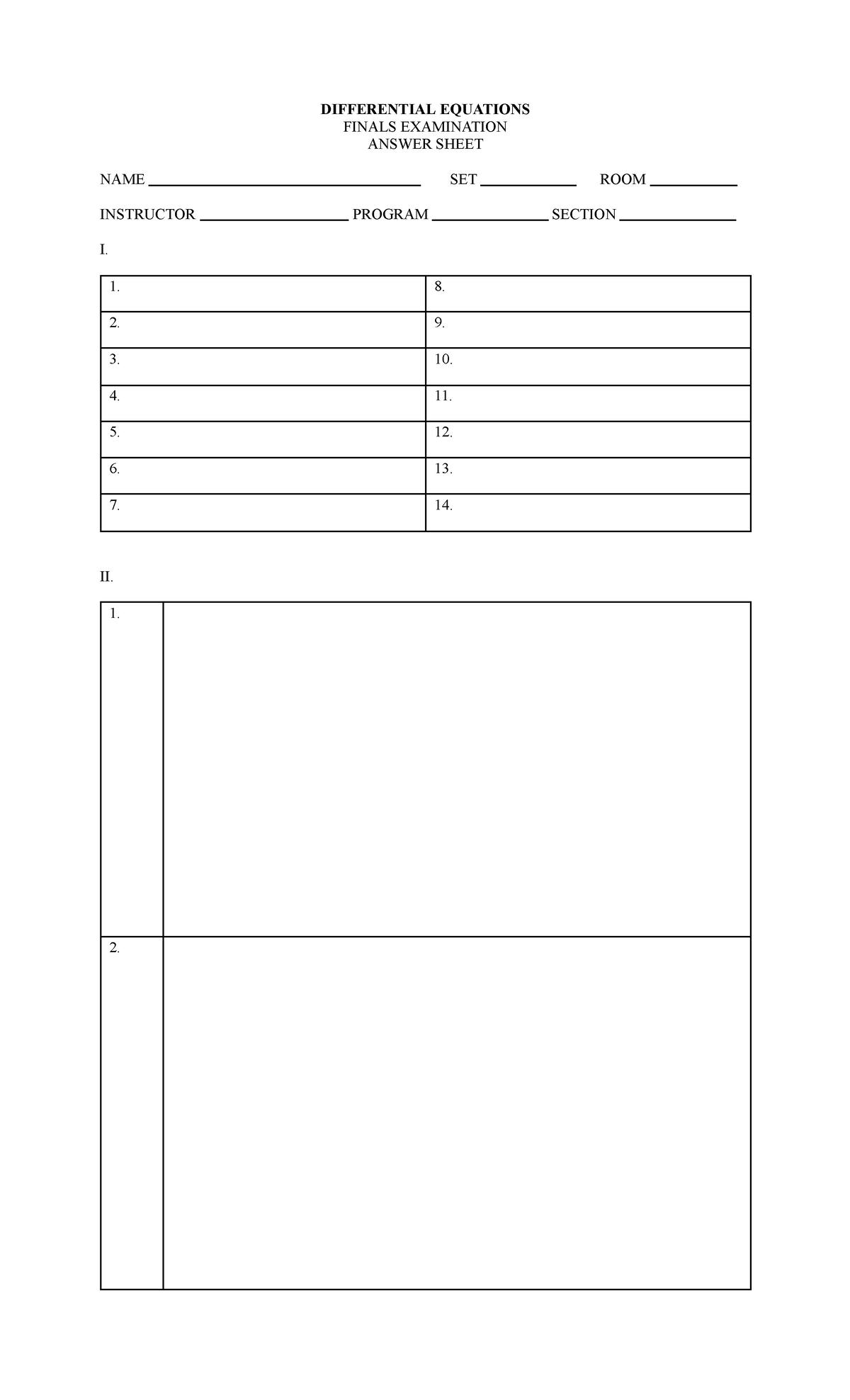 Differential Equations Midterm Answer Sheet-1 - Bachelor in Information ...