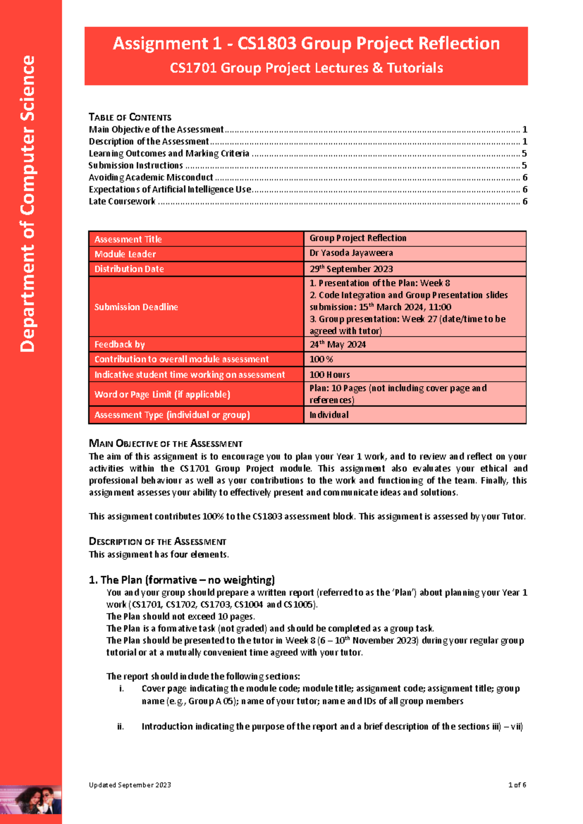 Assignment 1 - CS1803 Group Project Reflection V1 [provisional] - 2023 ...