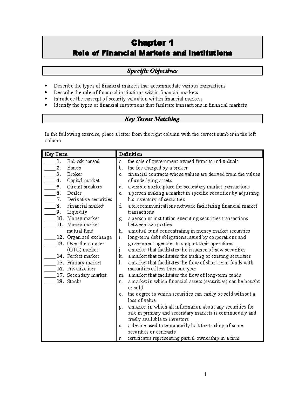 Sg01 - aasasasasaas - Chapter 1 Role of Financial Markets and ...
