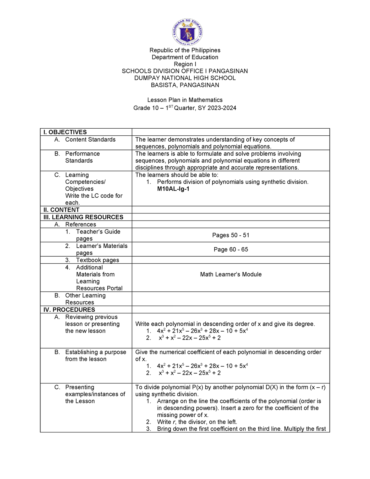 COT 1 (2023 - 2024) - Classroom Observation Lesson Plan - Republic of ...