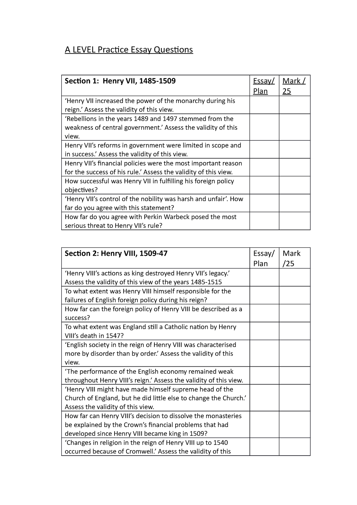 henry vii a level essay questions